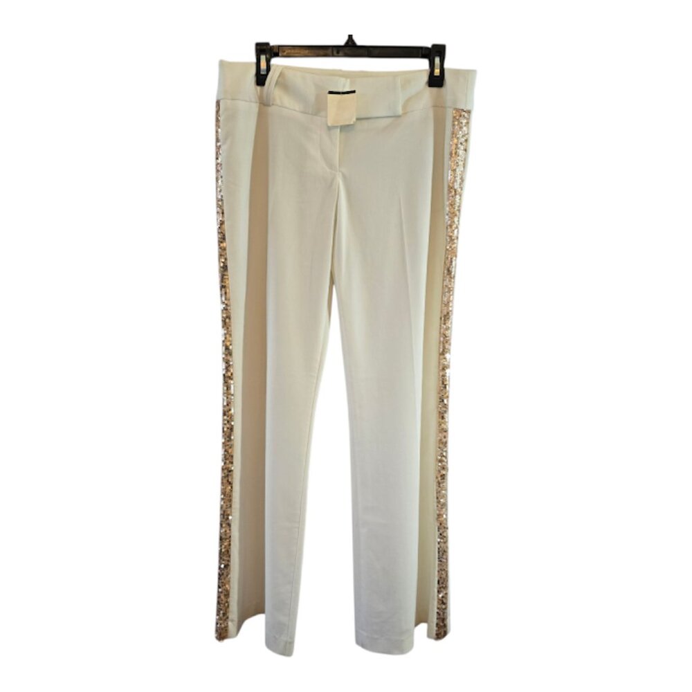 BEBE IVORY NWT PANTS SIZE 10 HAND SEWN SEQUIN  FORM TUXEDO STRIPE MADE USA